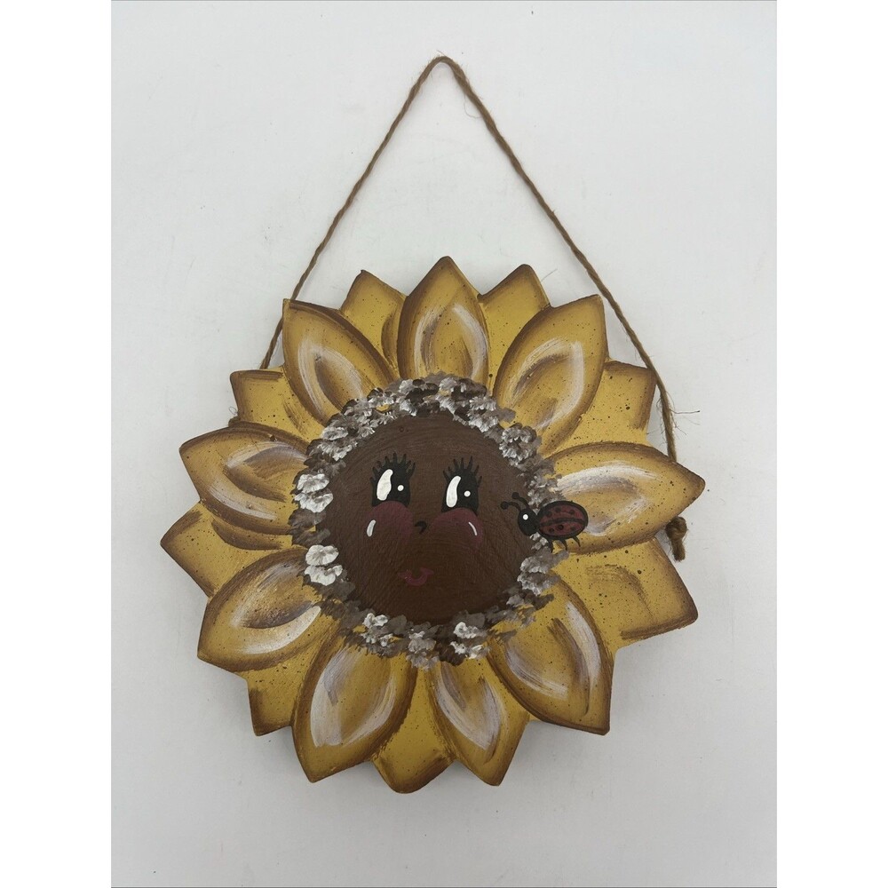 Wooden Hand painted Sunflower Plaque, Country Farmhouse, Cute Face w/Ladybug